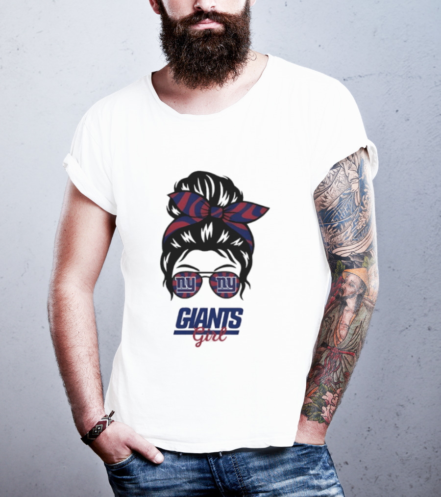 New York Giants Girl Messy Bun Glasses Bow T-Shirt
