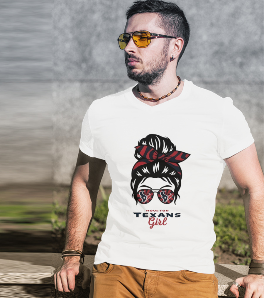 Houston Texans Girl Messy Bun Bow Sunglasses T-Shirt