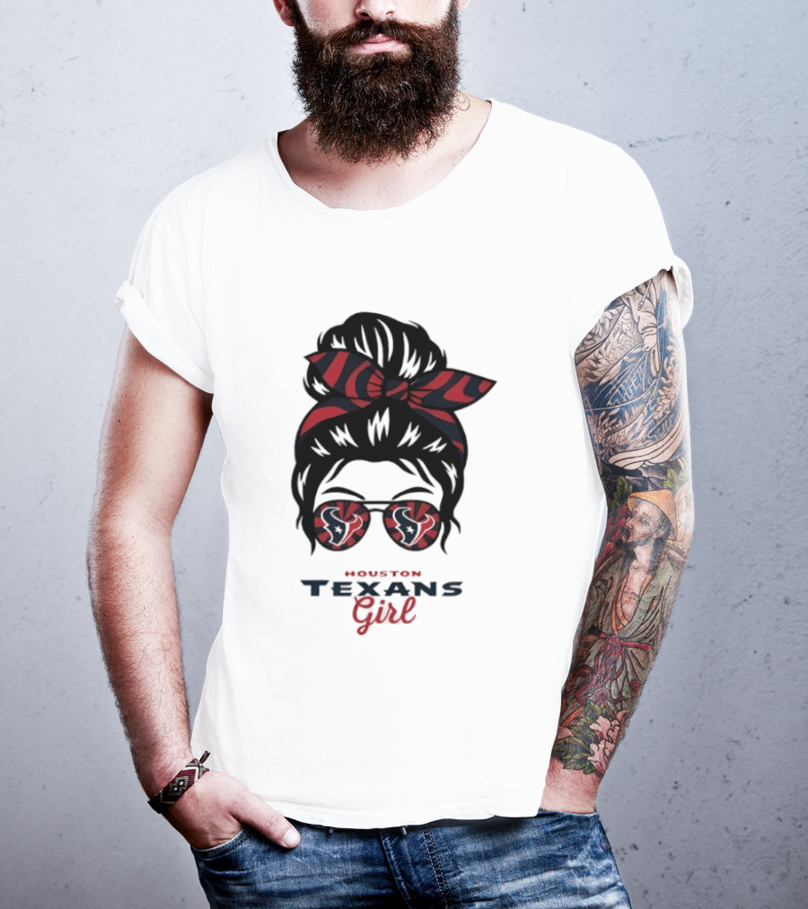 Houston Texans Girl Messy Bun Bow Sunglasses T-Shirt