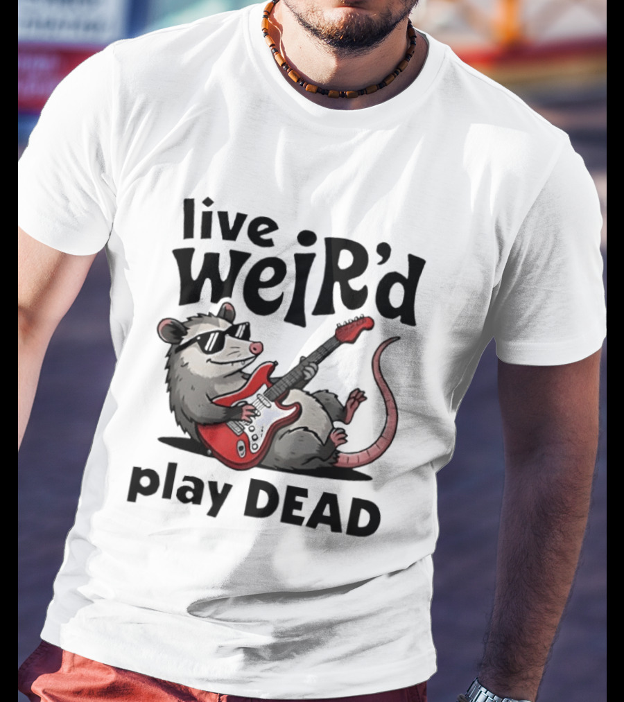 Live Weird Play Dead Opossum Electric Guitar T-Shirt