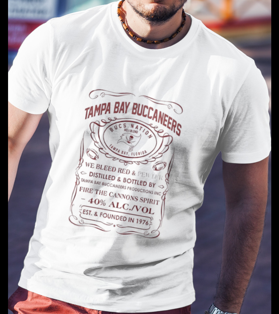 Tampa Bay Buccaneers Whiskey Label Style Aged Barrel Proof 40% Established 1976 T-Shirt