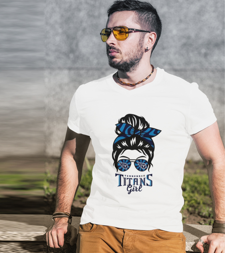 Tennessee Titans Girl Messy Bun Glasses Bow T-Shirt