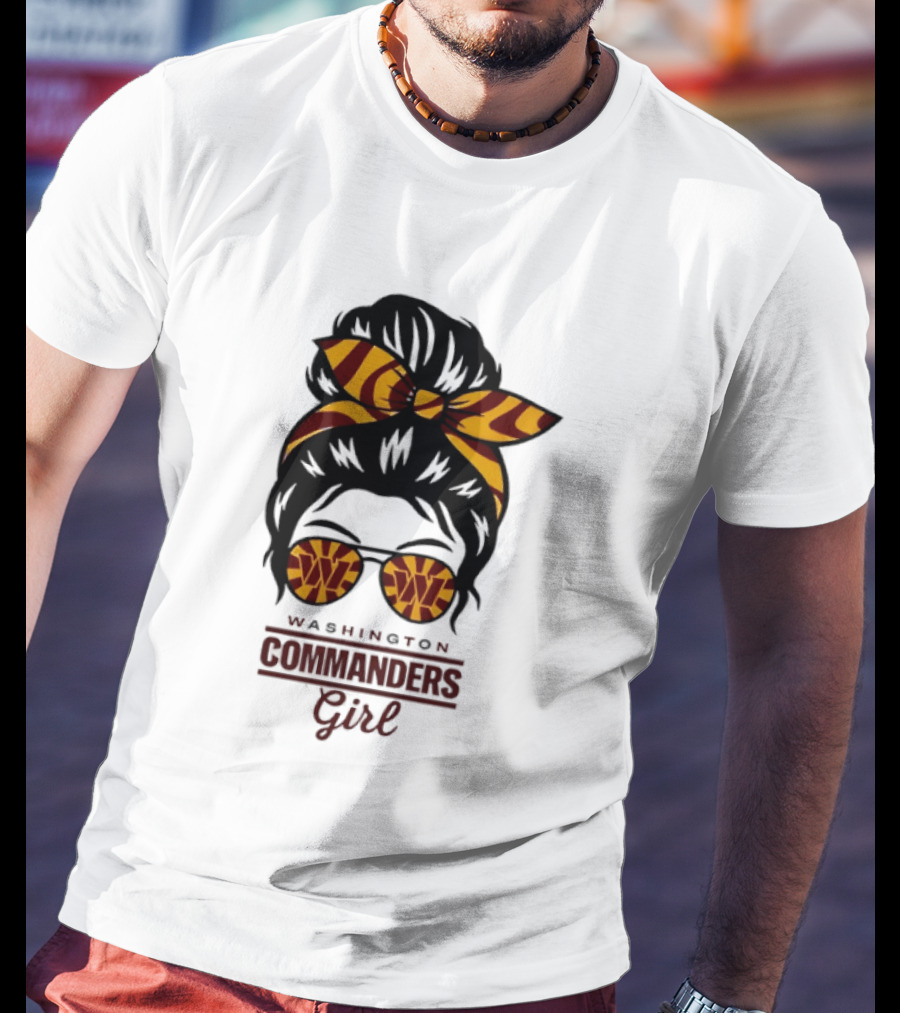 Washington Commanders Girl Messy Bun Glasses Football Fan T-Shirt