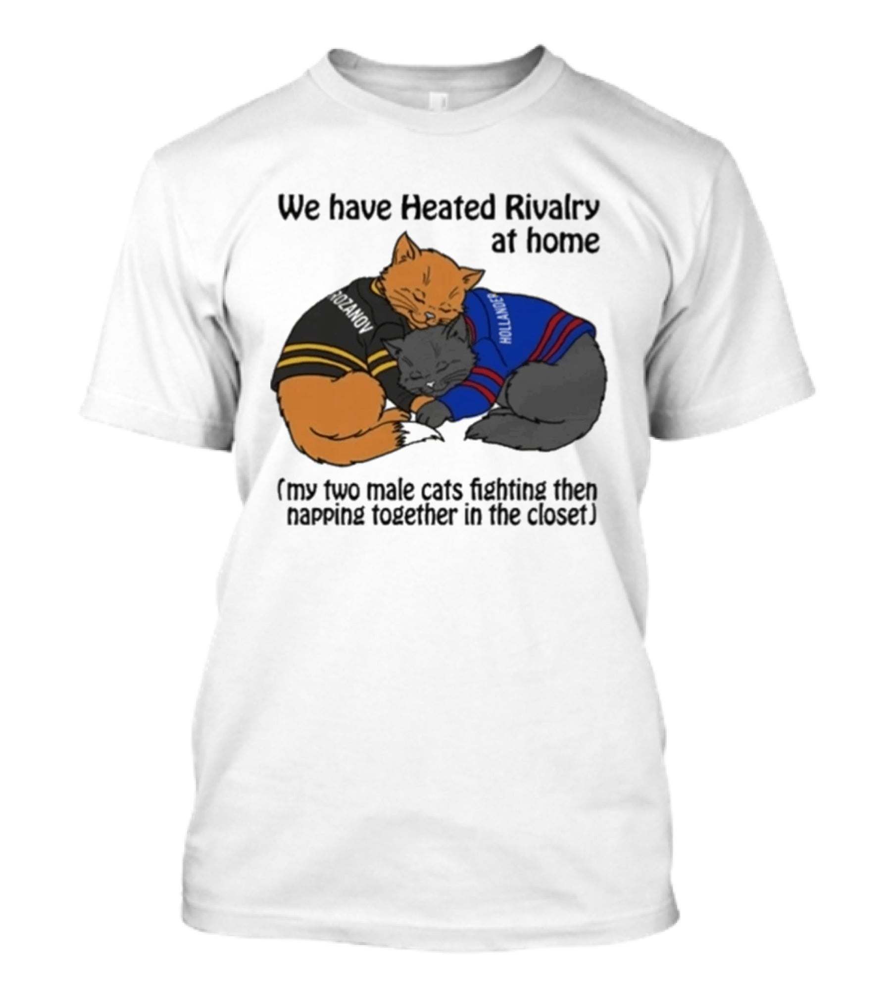 We Have Heated Rivalry At Home My Two Male Cats Fighting Then Napping Together In The Closet T-Shirt
