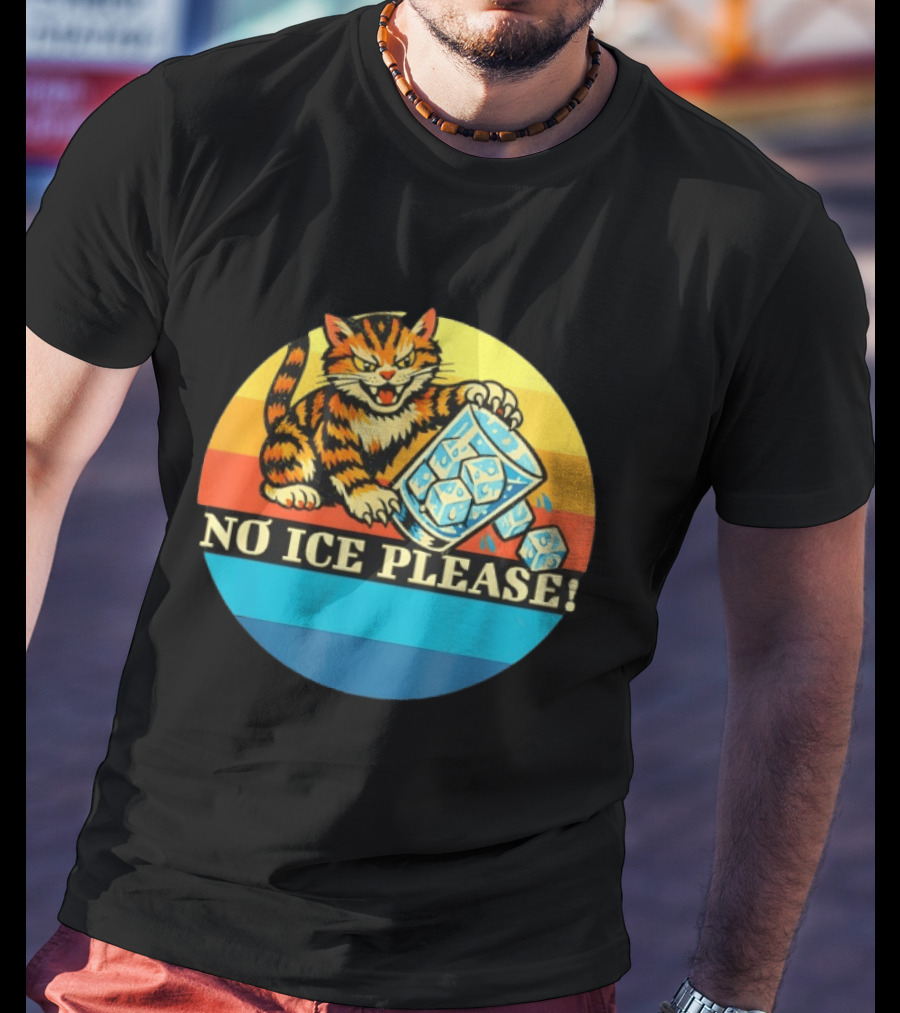 No Ice Please Cat Cartoon Rainbow Stripes T-Shirt