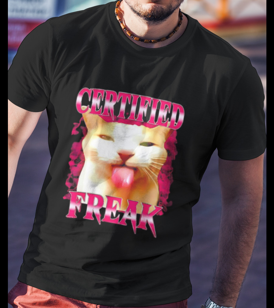 Certified Freak Cat Tongue Out Pink Edge T-Shirt