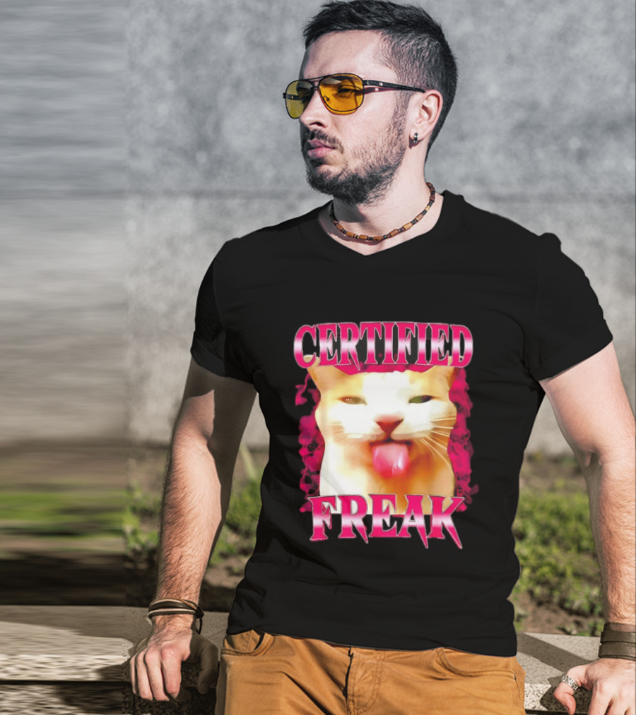 Certified Freak Cat Tongue Out Pink Edge T-Shirt