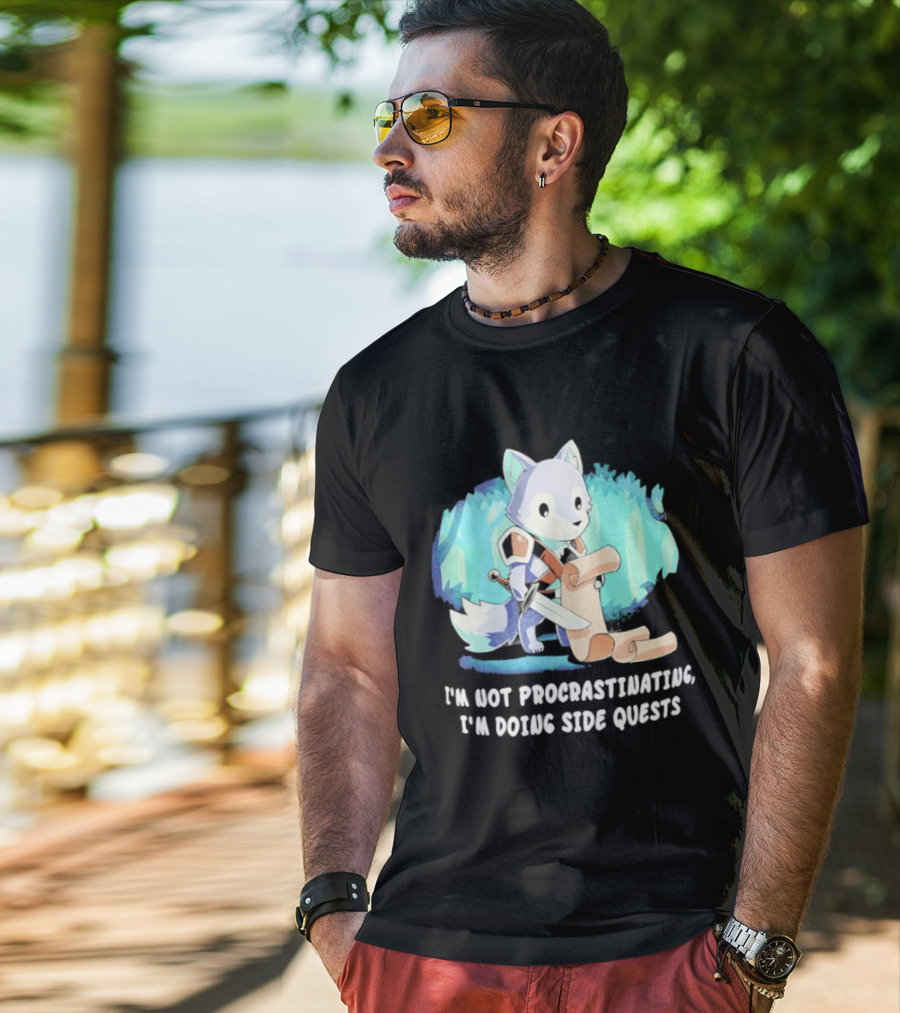 I'm Not Procrastinating I'm Doing Side Quests Cute Fantasy Wolf Cartoon T-Shirt