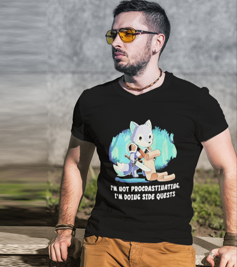 I'm Not Procrastinating I'm Doing Side Quests Cute Fantasy Wolf Cartoon T-Shirt