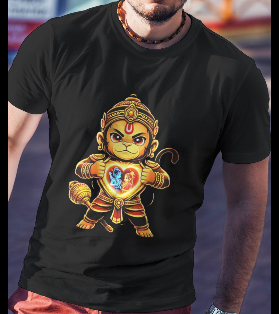 Hanumanji Hanuman Hindu Monkey God Devotee Illustration With Heart Symbol And Ram Sita T-Shirt