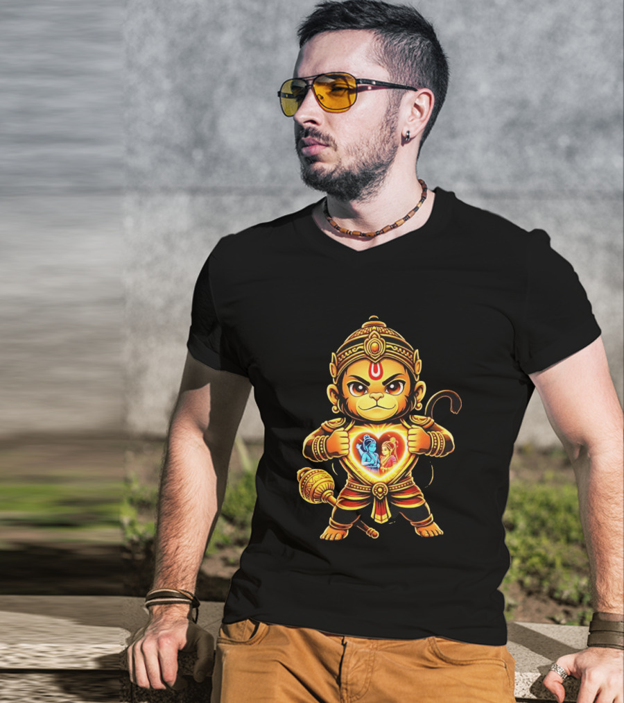 Hanumanji Hanuman Hindu Monkey God Devotee Illustration With Heart Symbol And Ram Sita T-Shirt
