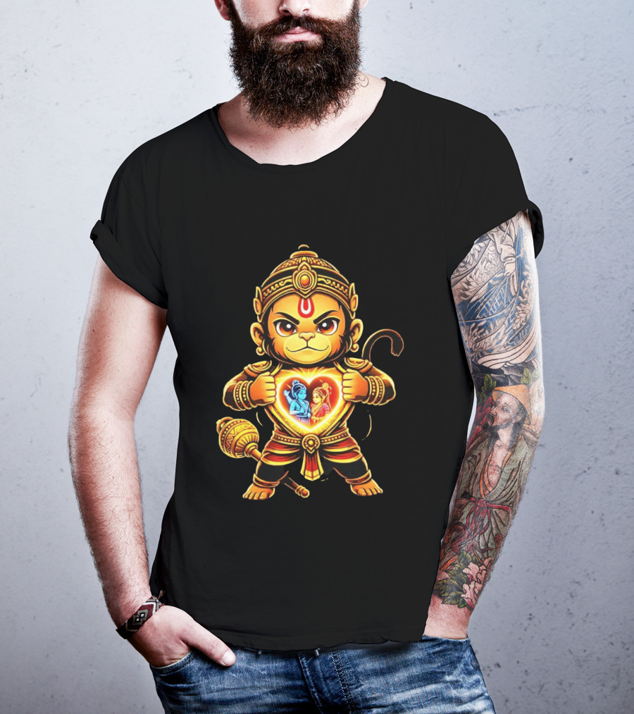 Hanumanji Hanuman Hindu Monkey God Devotee Illustration With Heart Symbol And Ram Sita T-Shirt