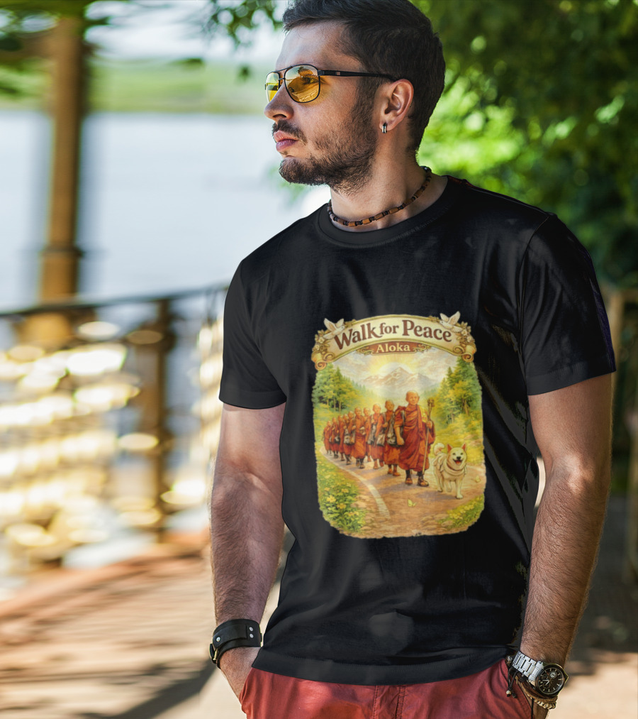 Walk For Peace Aloka Monks With Dog In Nature Trail T-Shirt