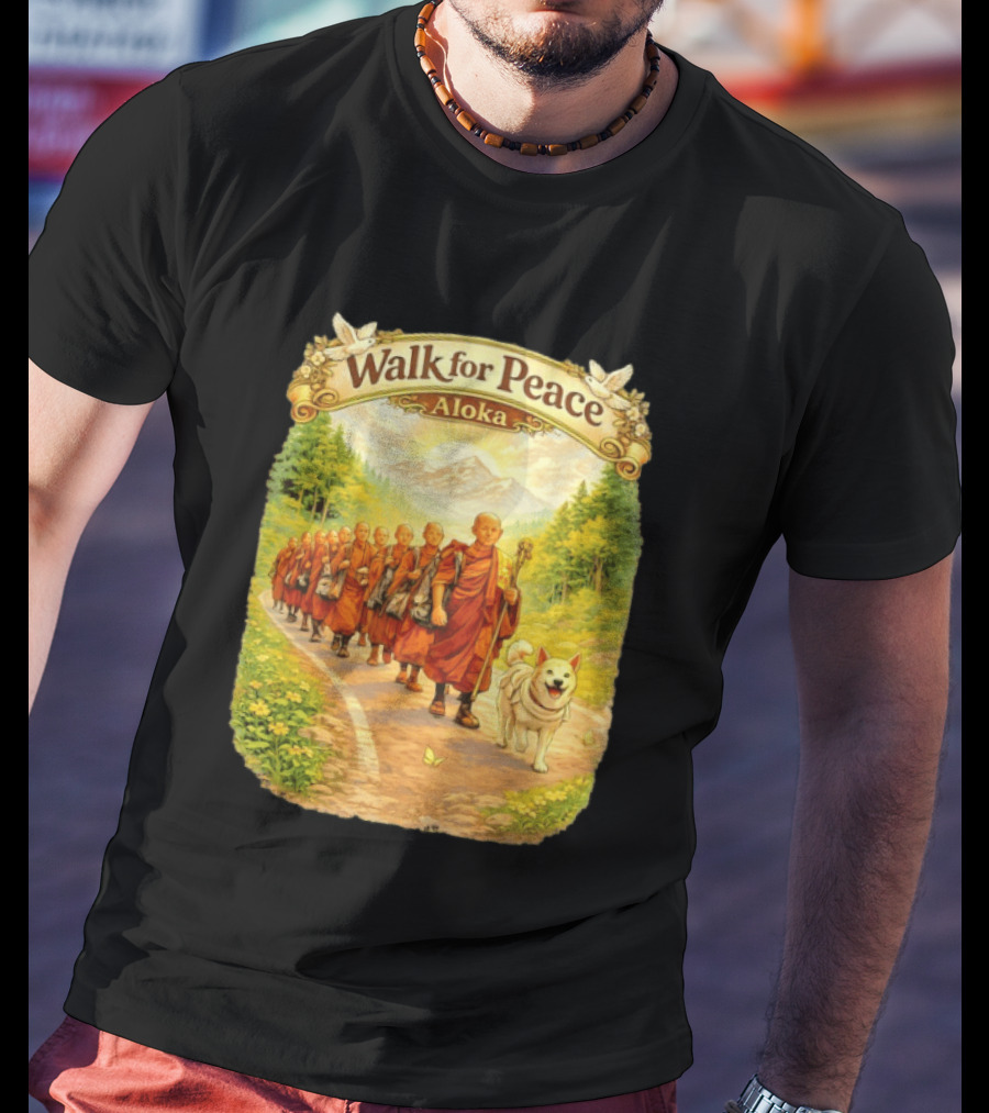 Walk For Peace Aloka Monks With Dog In Nature Trail T-Shirt