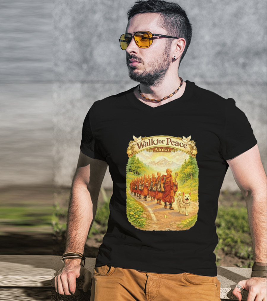 Walk For Peace Aloka Monks With Dog In Nature Trail T-Shirt