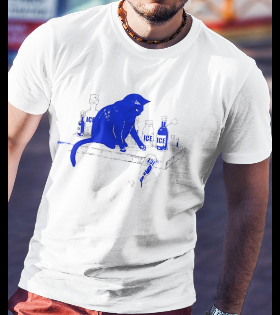 Cat Surrounded By Ice Bottles On A Table T-Shirt