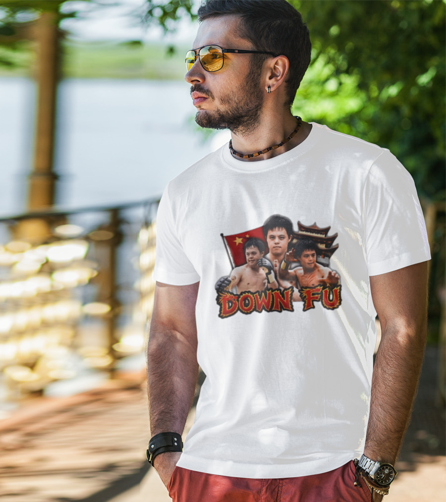 Down Fu Martial Arts Style With Fighters And Chinese Pagoda T-Shirt