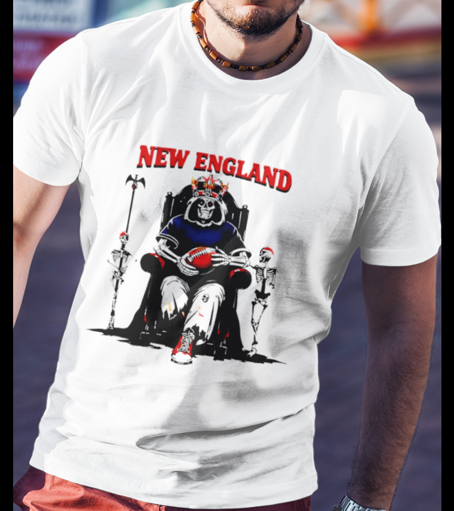 New England Skeletal Football Monarch Sitting On A Throne With Staff T-Shirt