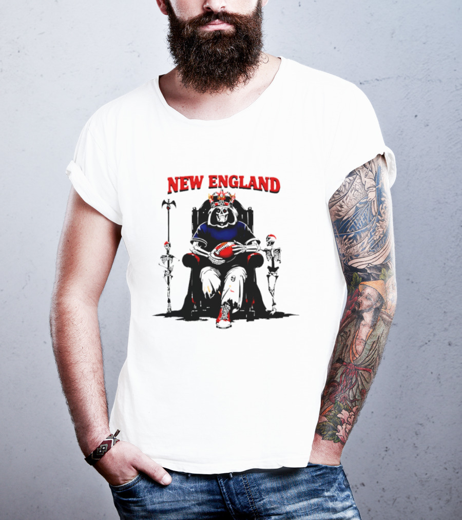 New England Skeletal Football Monarch Sitting On A Throne With Staff T-Shirt