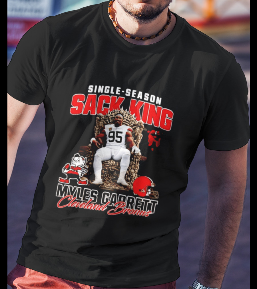 Single Season Sack King Myles Garrett Cleveland Browns 95 Throne Motif T-Shirt