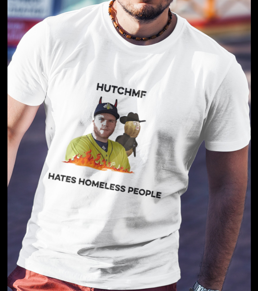 Hutchmf Hates Homeless People Devil Horns Yellow Jersey Flames T-Shirt
