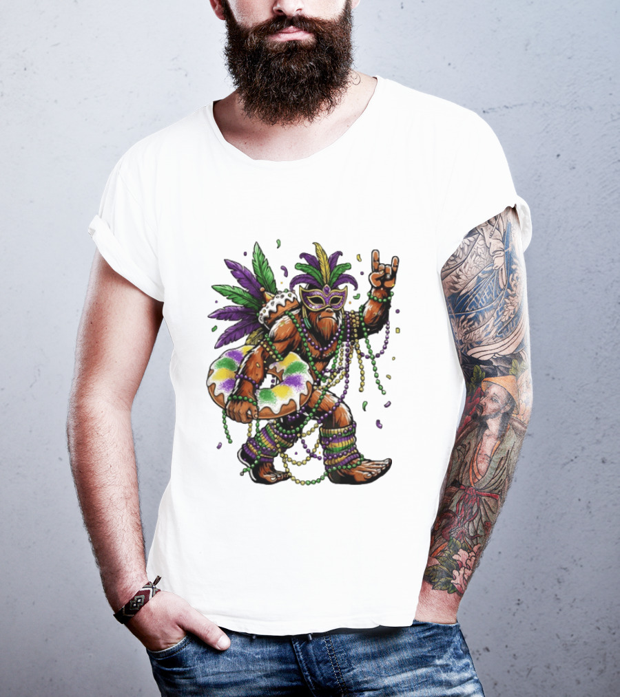 Mardi Gras Bigfoot King Rock And Roll Hand Beads Cake Donut T-Shirt