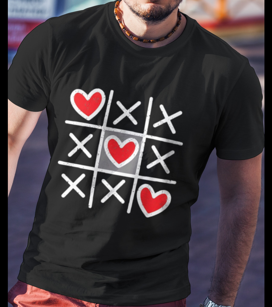 Tic Tac Toe XO Hearts Love Valentine Day Red Heart Crosses T-Shirt