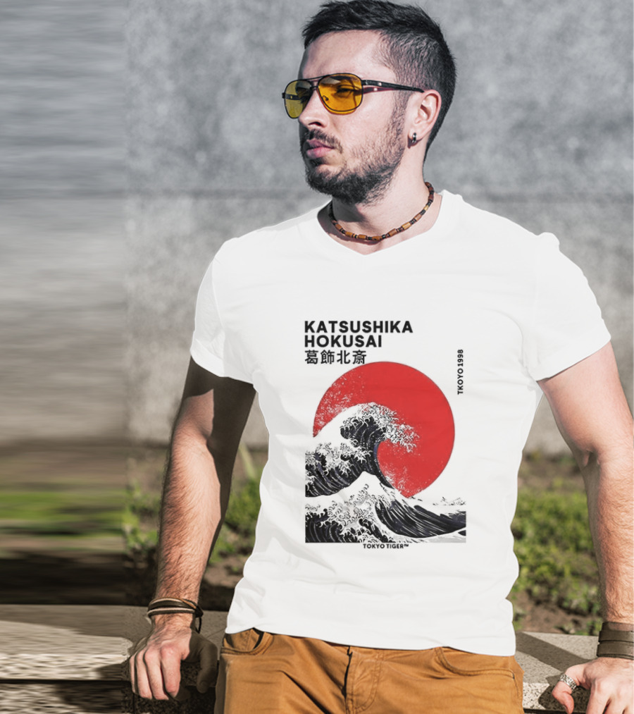 Katsushika Hokusai The Great Wave And Red Sun Japanese Ukiyo E T-Shirt