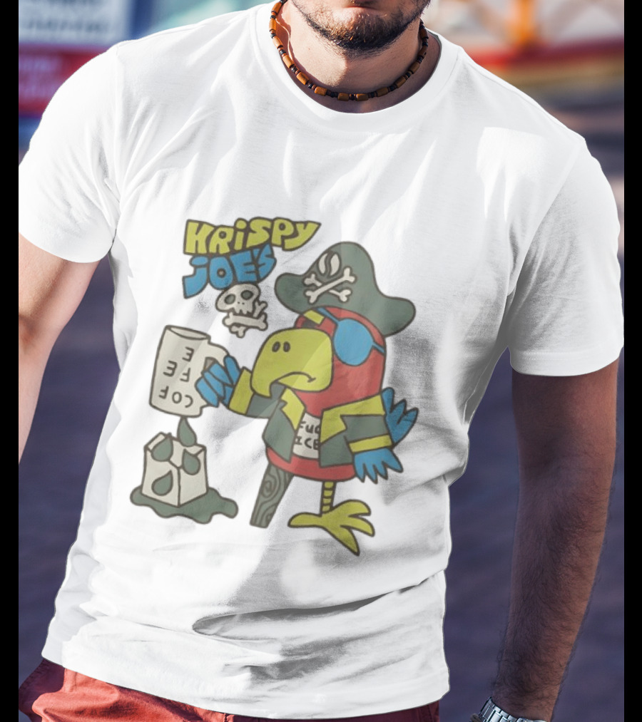 Krispy Joe's Pirate Parrot Coffee Spill Cartoon T-Shirt