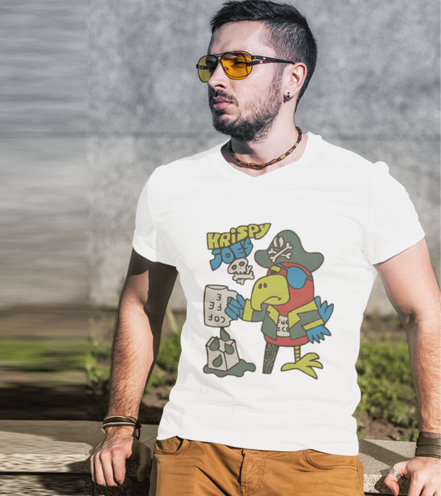 Krispy Joe's Pirate Parrot Coffee Spill Cartoon T-Shirt