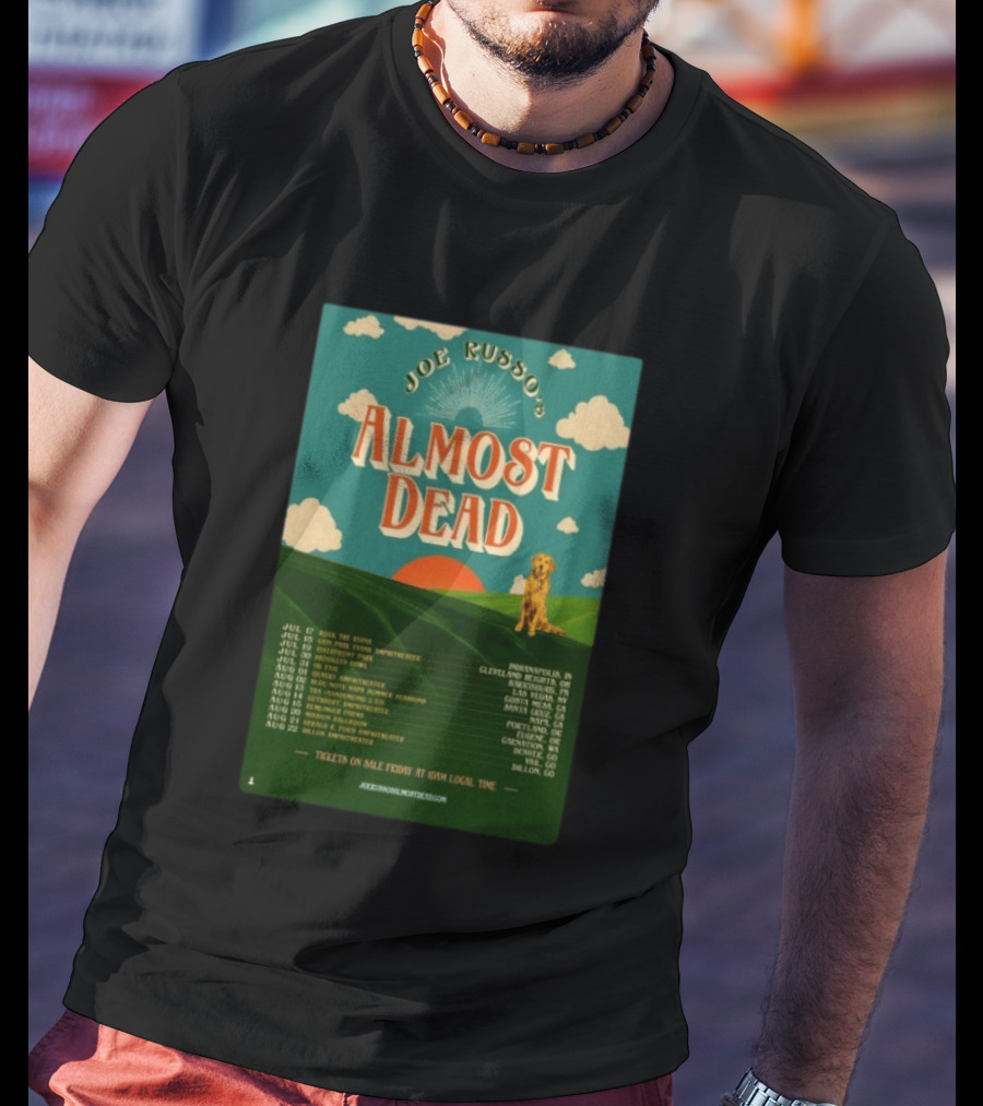 Joe Russo's Almost Dead Summer Tour 2026 Dates Red Sun Dog And Cloudy Sky T-Shirt
