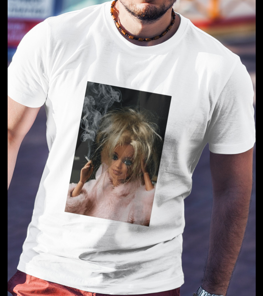 Cigarette Smoking Barbie Doll In Pink Fur Coat T-Shirt