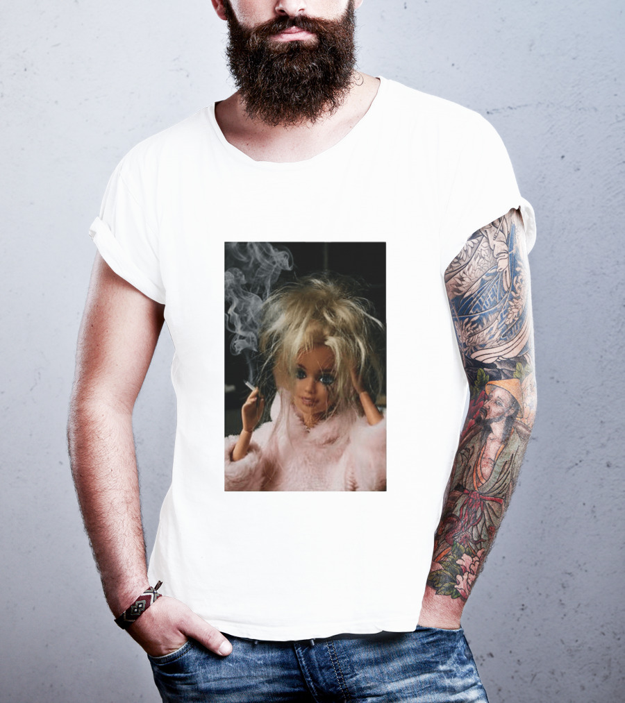 Cigarette Smoking Barbie Doll In Pink Fur Coat T-Shirt
