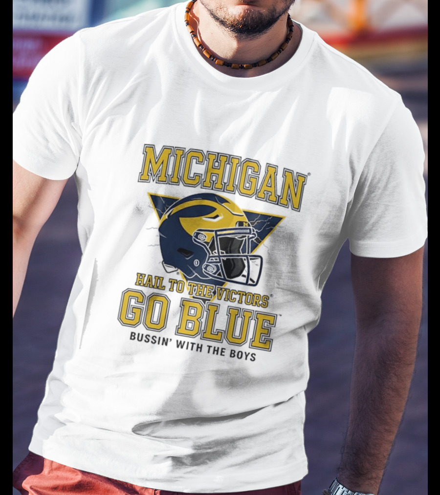 Michigan Hail To The Victors Go Blue Bussin' With The Boys Helmet T-Shirt