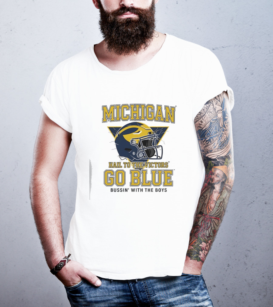 Michigan Hail To The Victors Go Blue Bussin' With The Boys Helmet T-Shirt