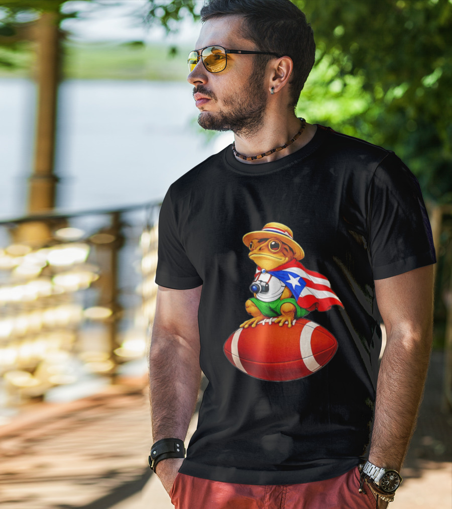 Puerto Rico Coqui Frog With Hat And Flag Sitting On Football T-Shirt