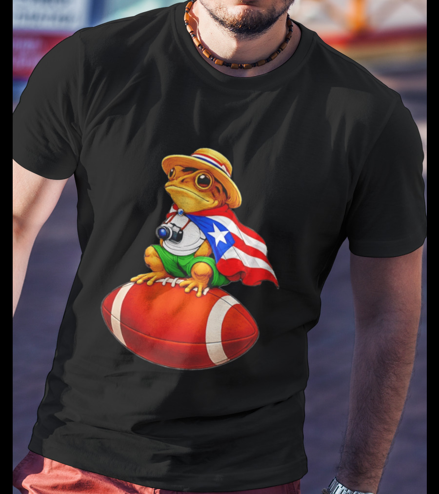 Puerto Rico Coqui Frog With Hat And Flag Sitting On Football T-Shirt