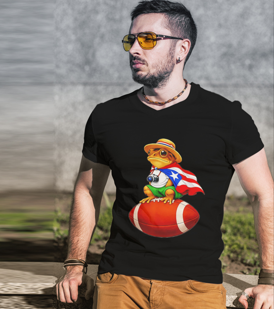 Puerto Rico Coqui Frog With Hat And Flag Sitting On Football T-Shirt