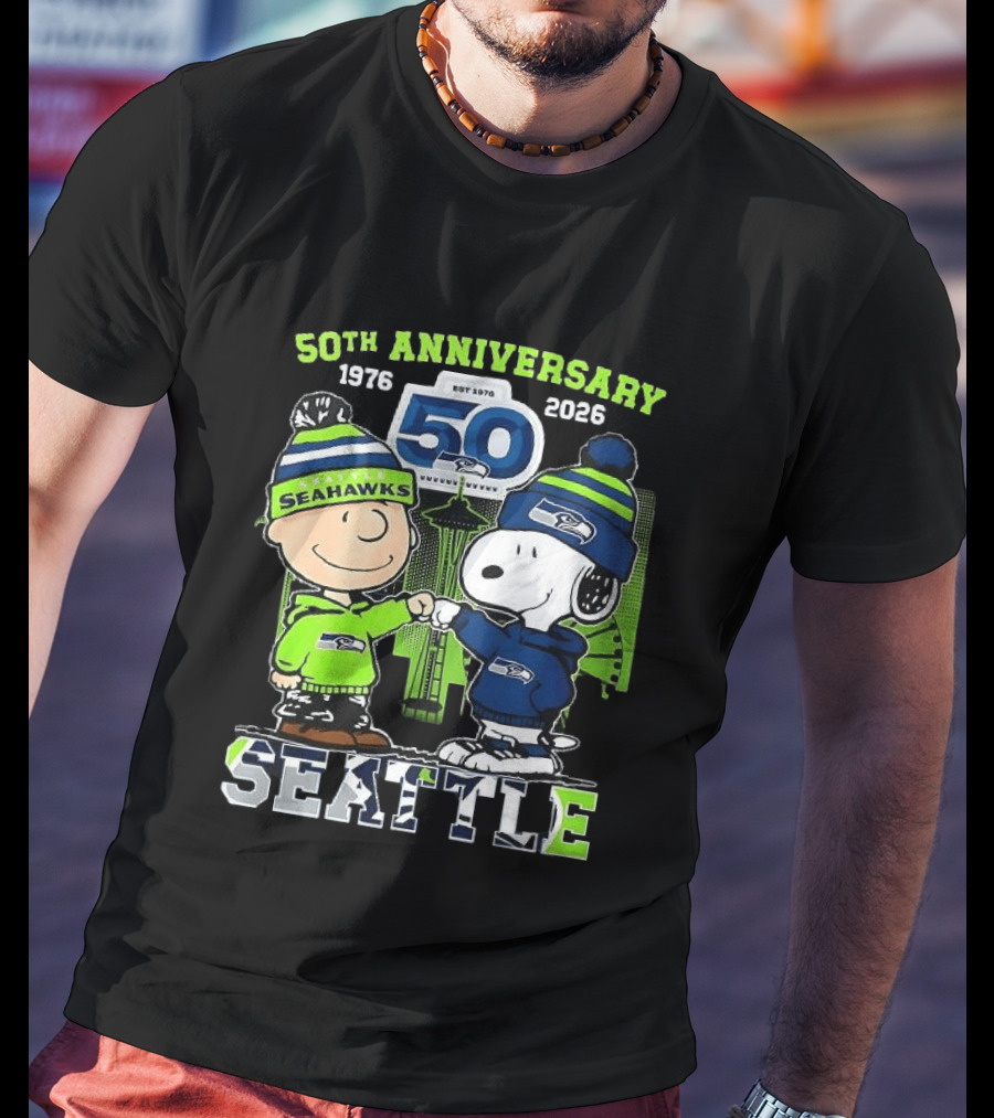 Seattle Seahawks 50th Anniversary 1976 2026 Charlie Brown Snoopy T-Shirt