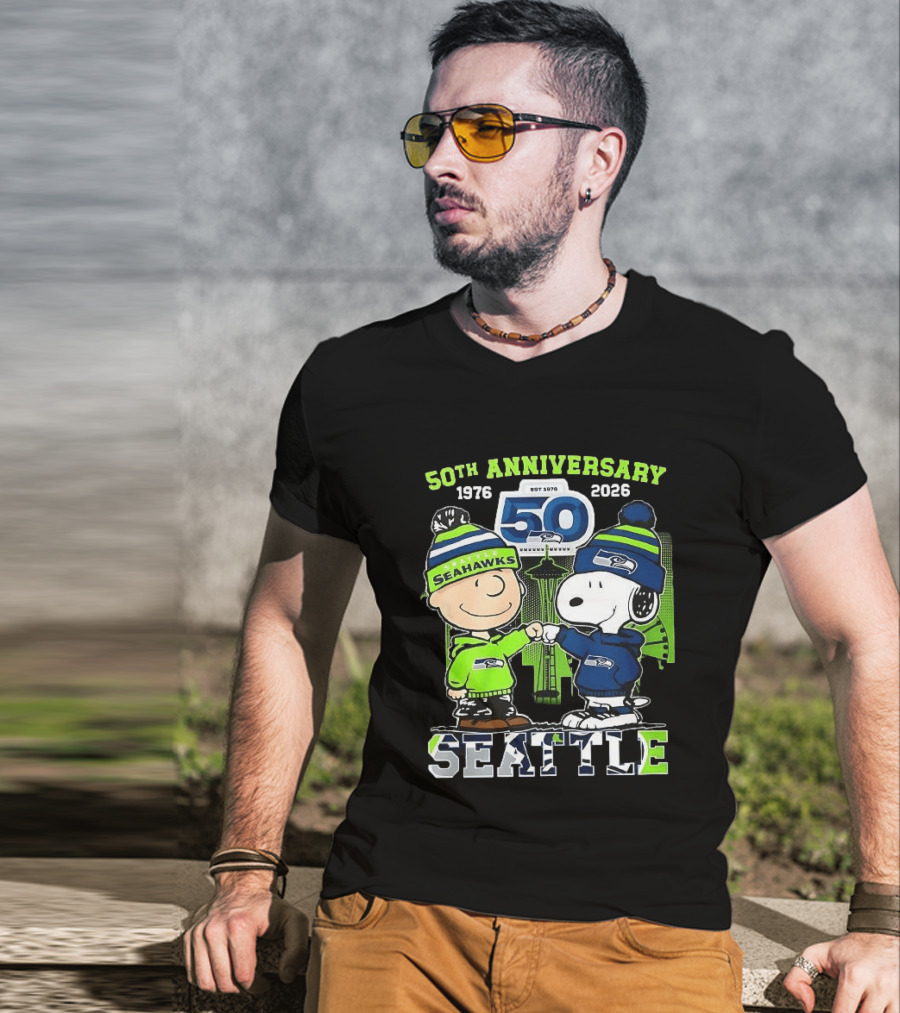 Seattle Seahawks 50th Anniversary 1976 2026 Charlie Brown Snoopy T-Shirt