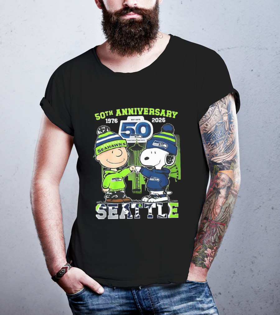 Seattle Seahawks 50th Anniversary 1976 2026 Charlie Brown Snoopy T-Shirt
