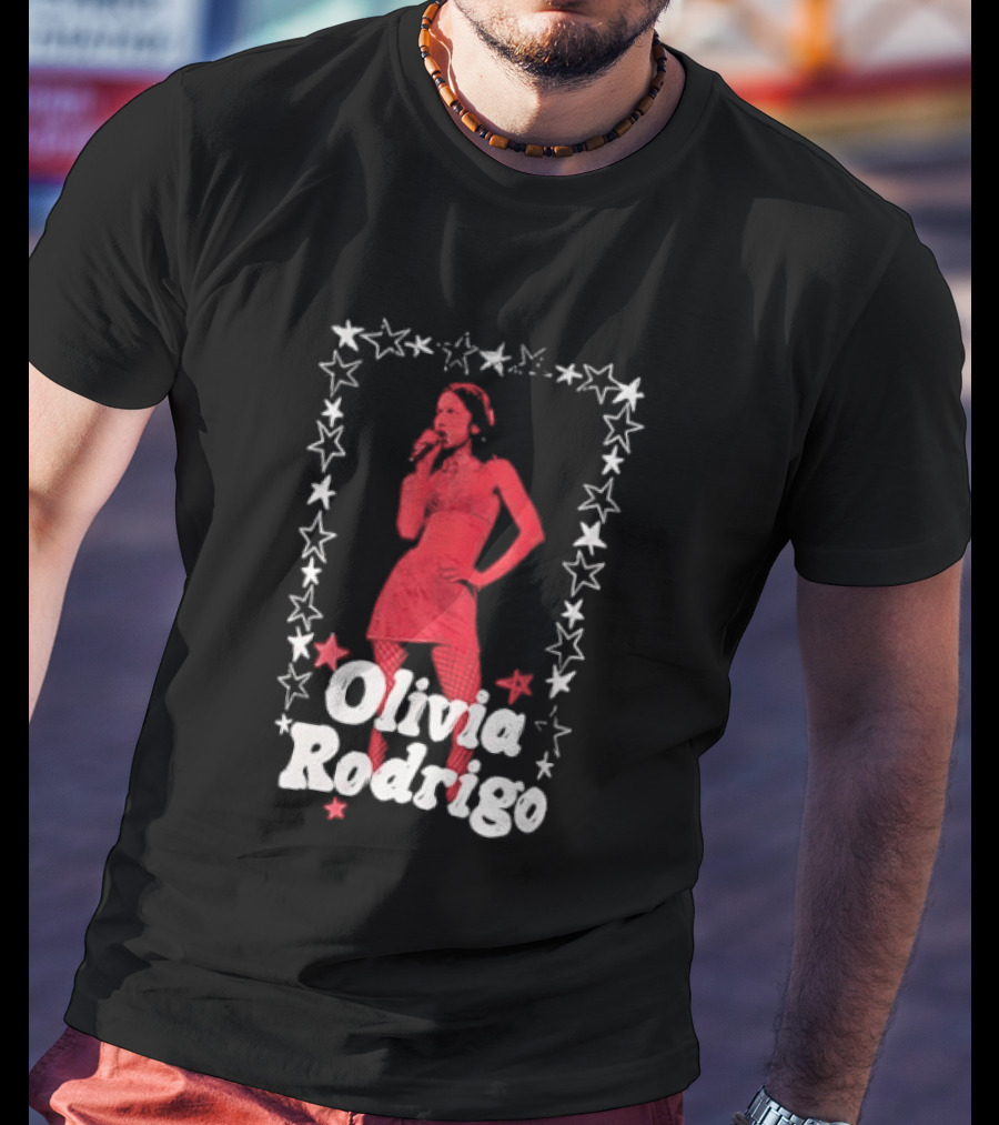 Olivia Rodrigo Star Pose Framed With Vibrant Red Highlights T-Shirt