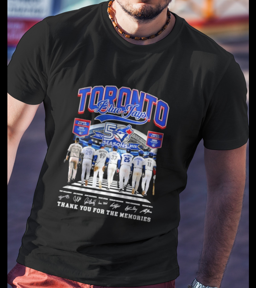 Toronto Blue Jays Blue 50 Seasons 1977 To 2026 Commemorative Signatures Thank You For The Memories T-Shirt
