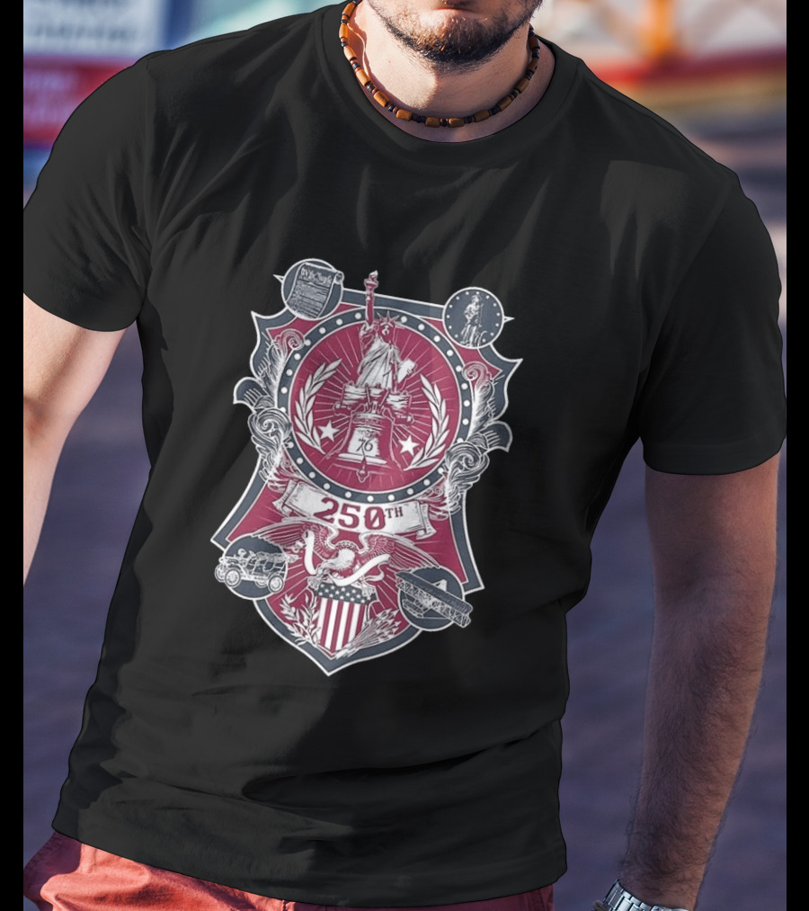 United States 250th Commemorative With Liberty Bell Statue Of Liberty And Eagle Crest T-Shirt