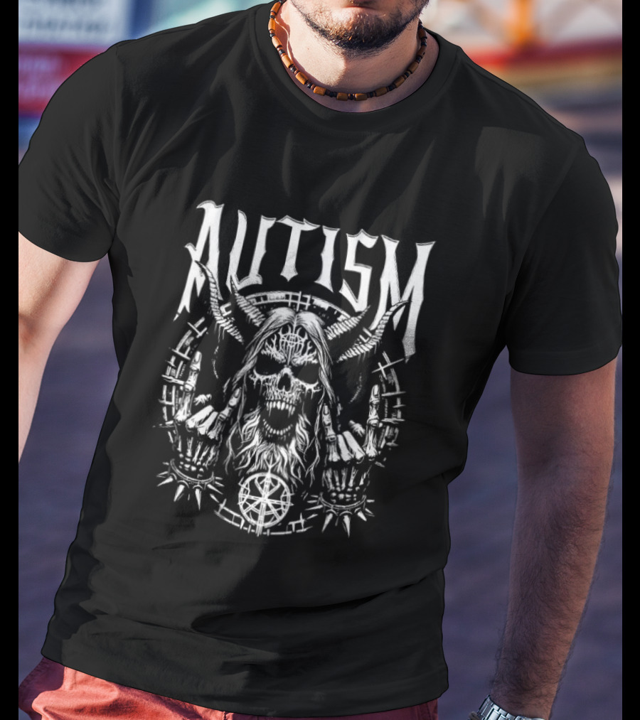 Autism Skull Punk Rock Symbol With Skeleton Hands T-Shirt