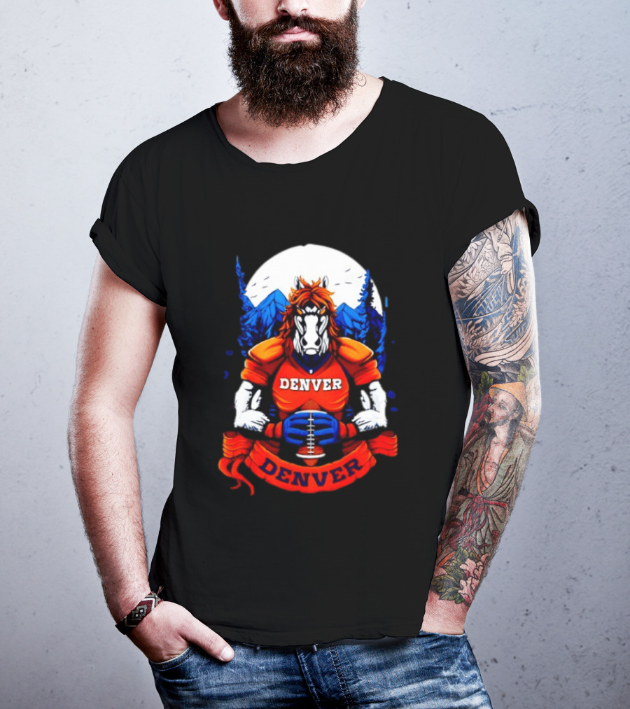 Denver Broncos Wild Horse Football Player With Mountains And Trees T-Shirt