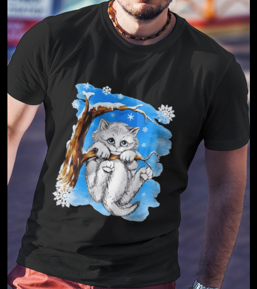Hang In There Baby Cat In Snow With Snowflakes And Blue Sky T-Shirt