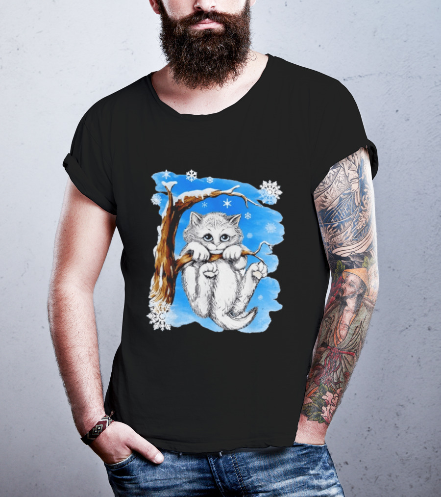 Hang In There Baby Cat In Snow With Snowflakes And Blue Sky T-Shirt