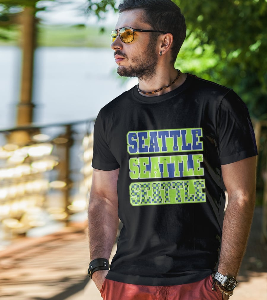 Seattle Blue Green Stars Checkerboard T-Shirt