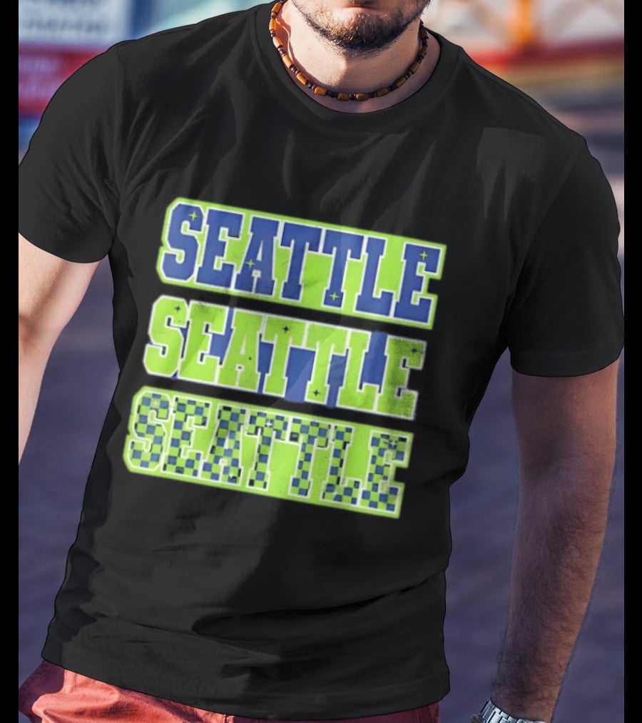 Seattle Blue Green Stars Checkerboard T-Shirt